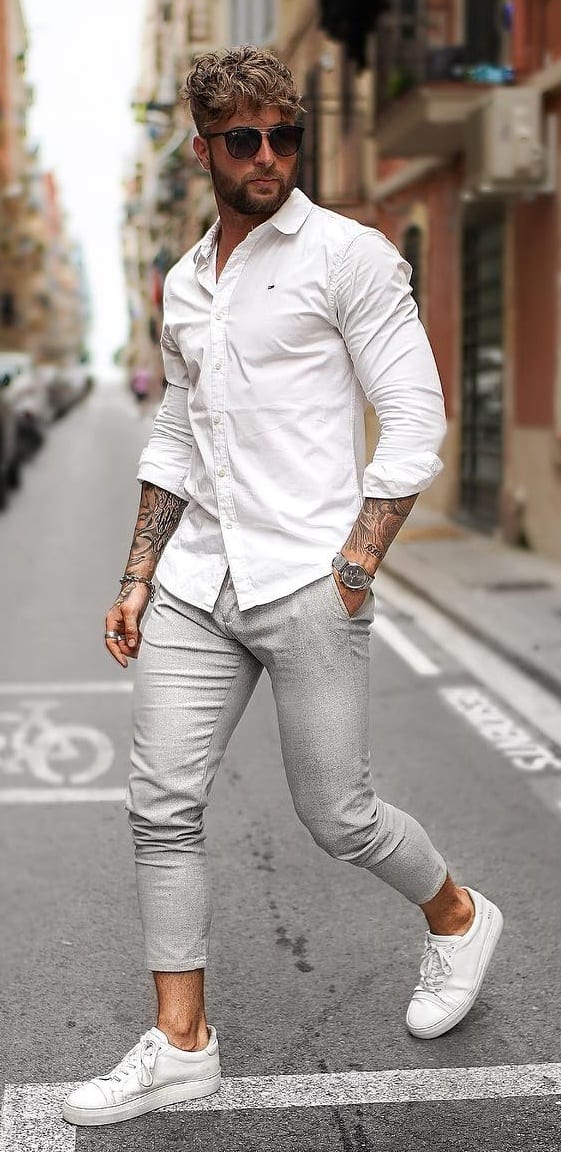 Grey Cropped Trousers and White T-shirt Men's Street Style Outfit