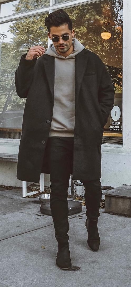 Grey Hoodie,Black Overcoat and Black Jeans- Street Style Fashion
