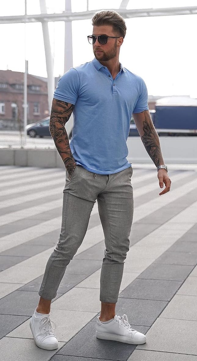 Grey Sweatpants and Pastel Blue T Shirt outfit