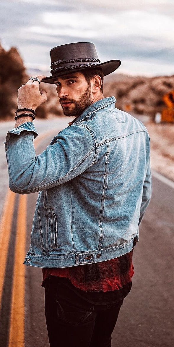 Hat,Denim Jacket Men's Street style Outfit