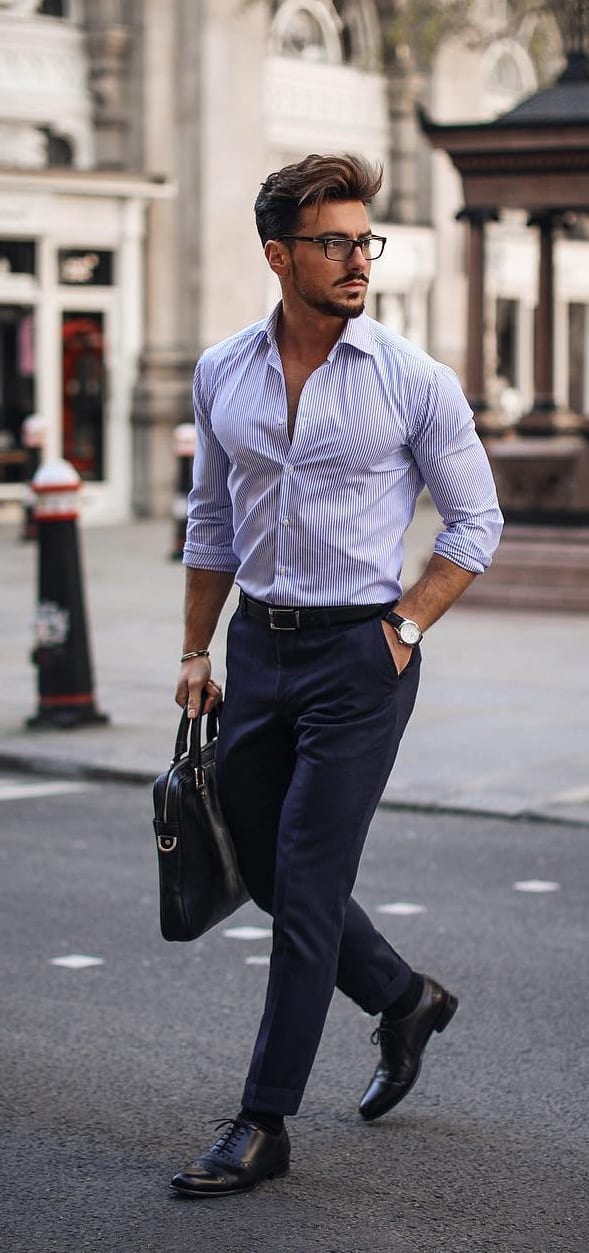 Lavender Shirt and Blue Chinos Outfit for men
