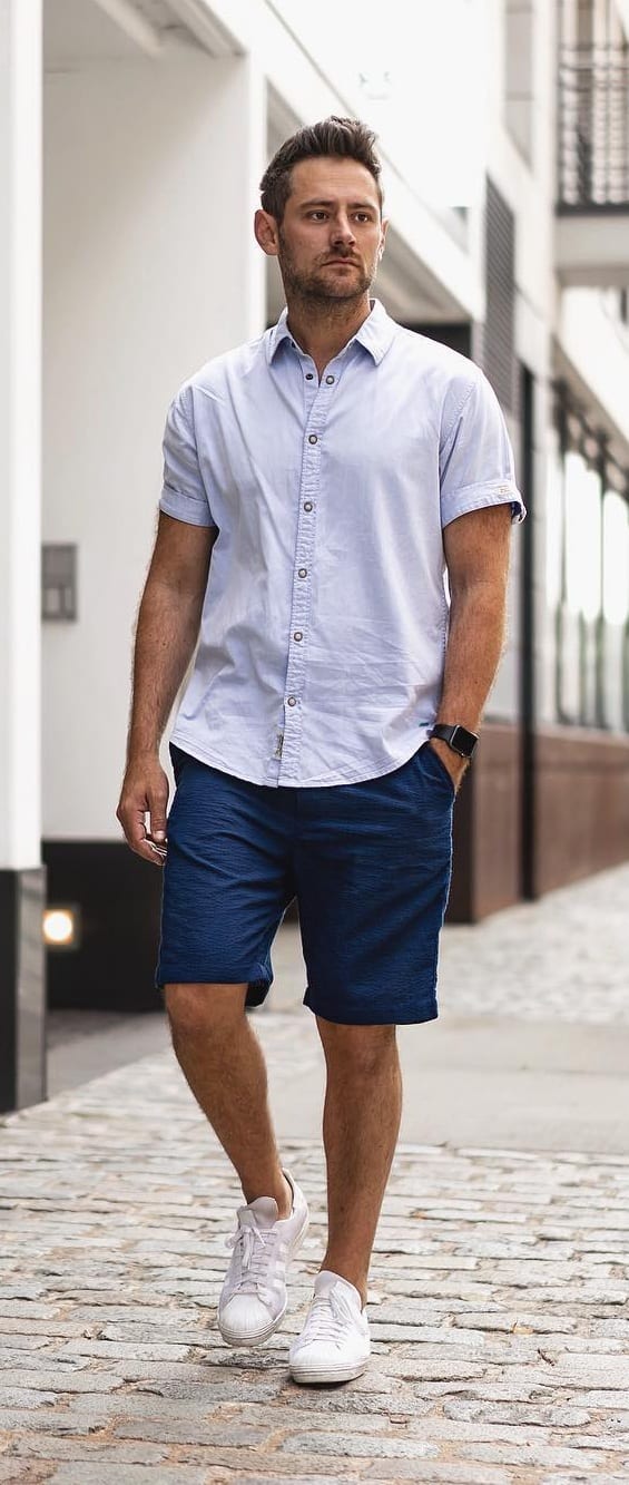 Lavender shirt and Blue Shorts Outfit