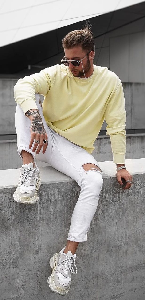 Light Yellow Pastel T shirt and White Jeans Outfit