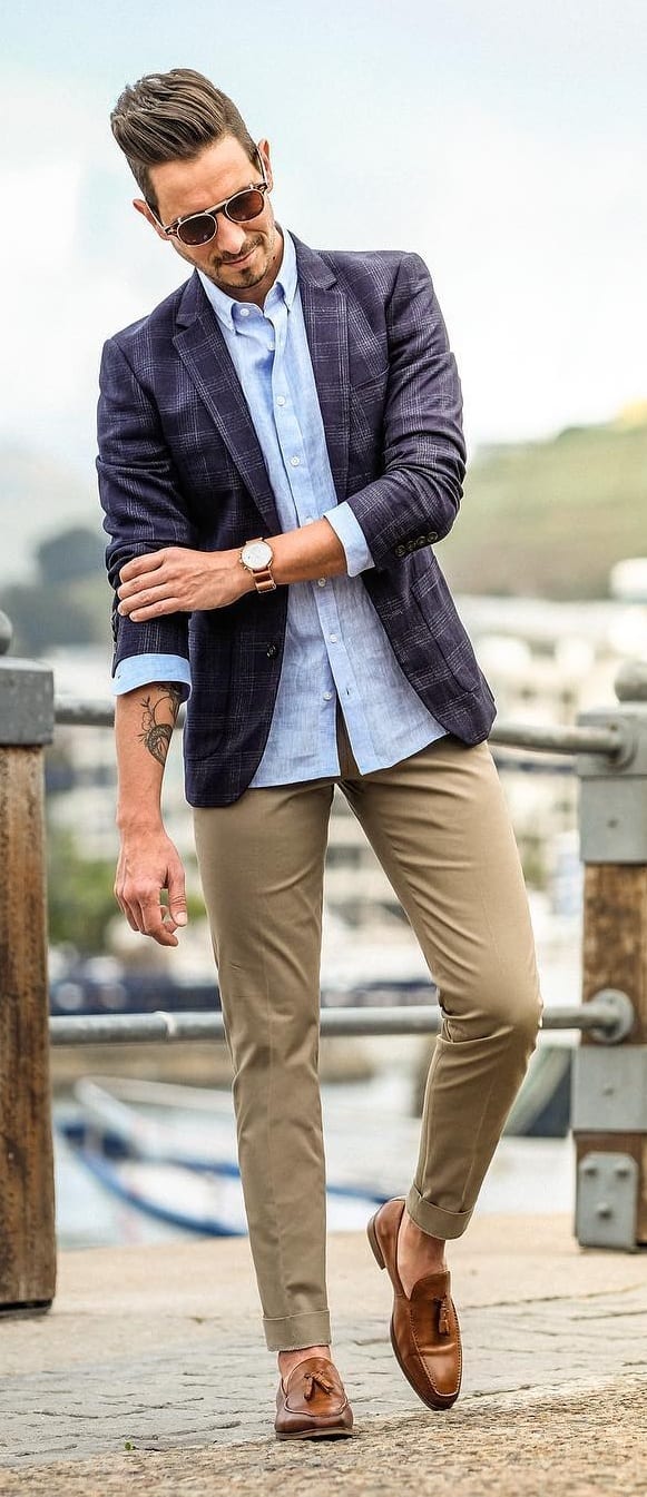 Linen Undershirt with Blue Jacket Outfits for men's street style