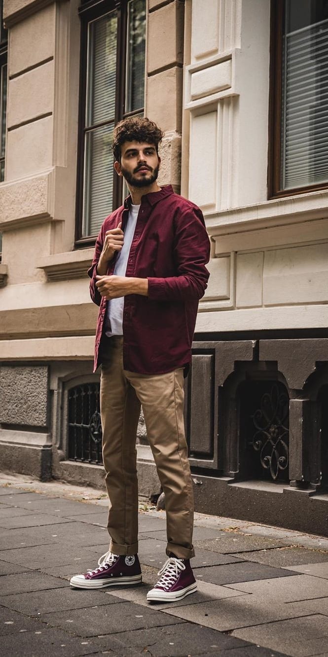 Maroon Shirt Jacket, White Undershirt, Beige Chinos and Maroon Sneakers- OOTD for men