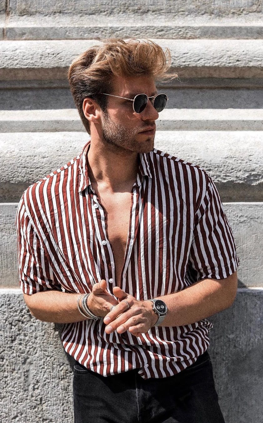 Maroon and White Vertical Striped Shirt Outfit