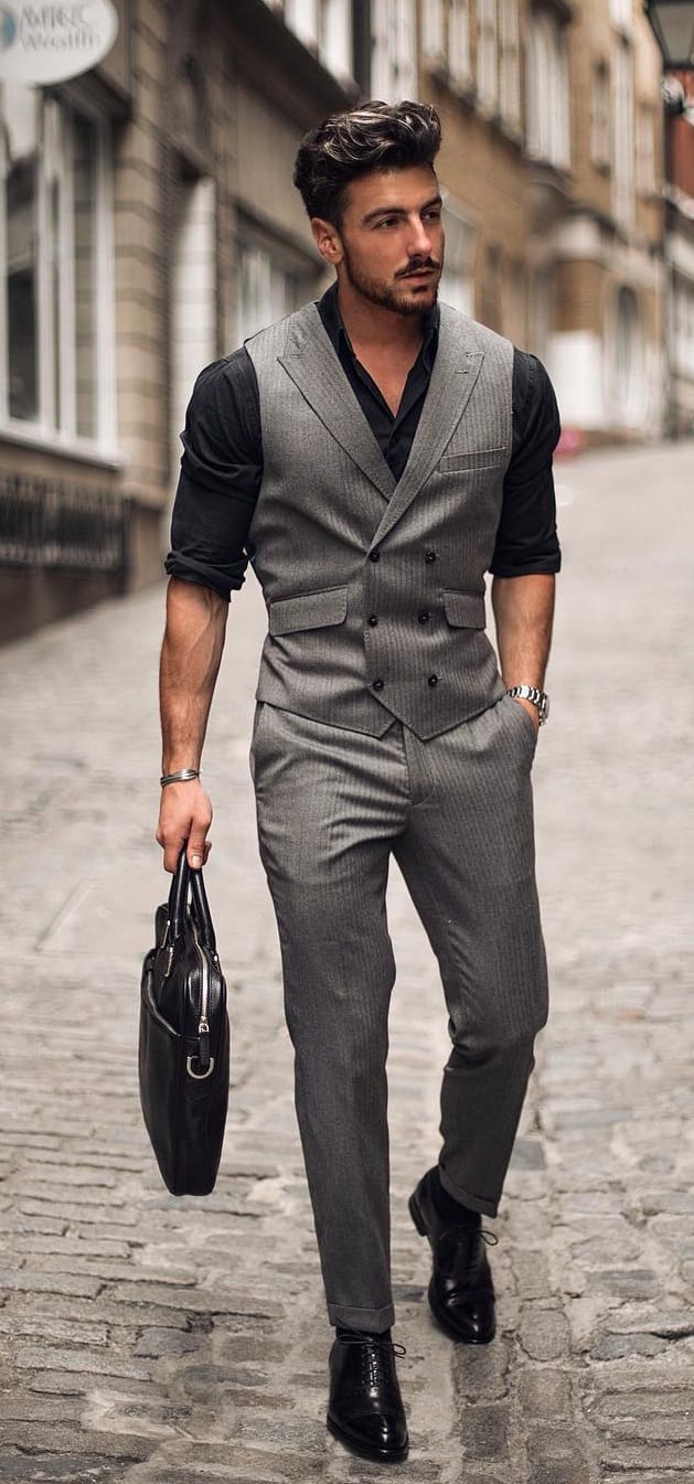 Black Shirt with Grey Waistcoat and Trousers