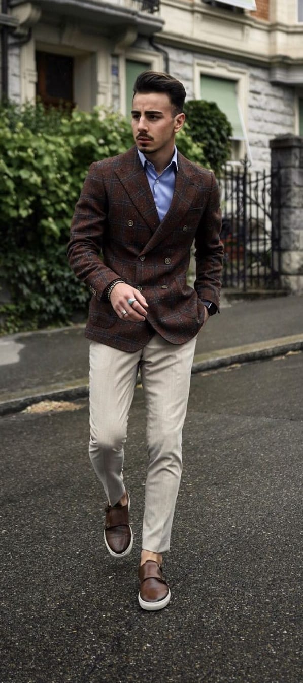 Brown Blazer and Cream Trousers work wear outfit for men