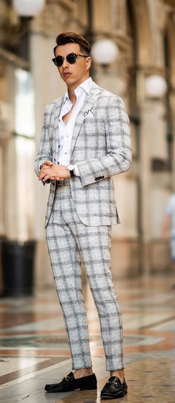 Grey Plaid Business Suit for Men