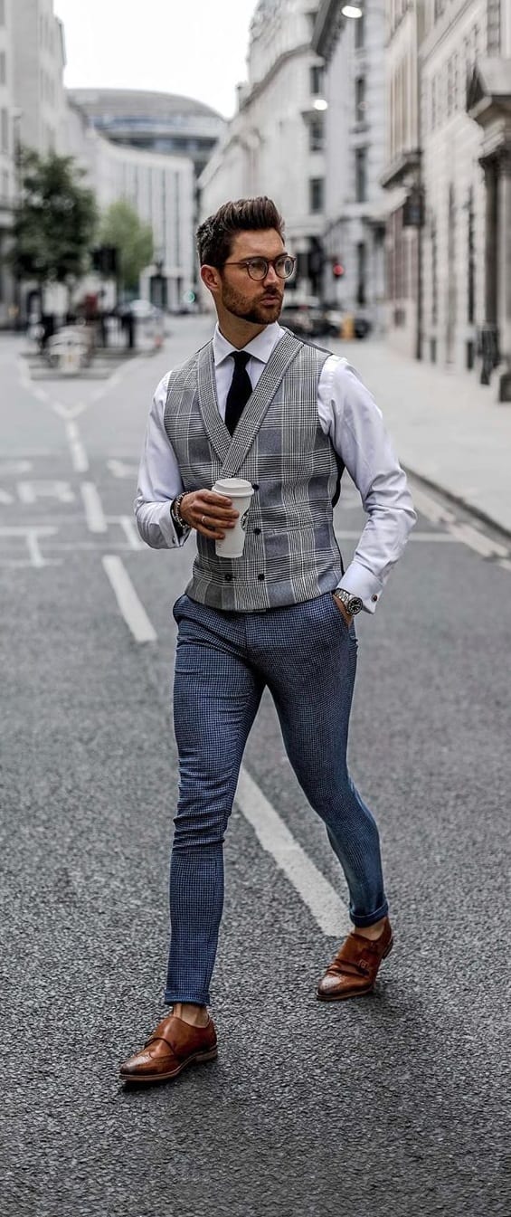 White Shirt, Grey Waistcoat, Tie and Blue Pant formal style for men