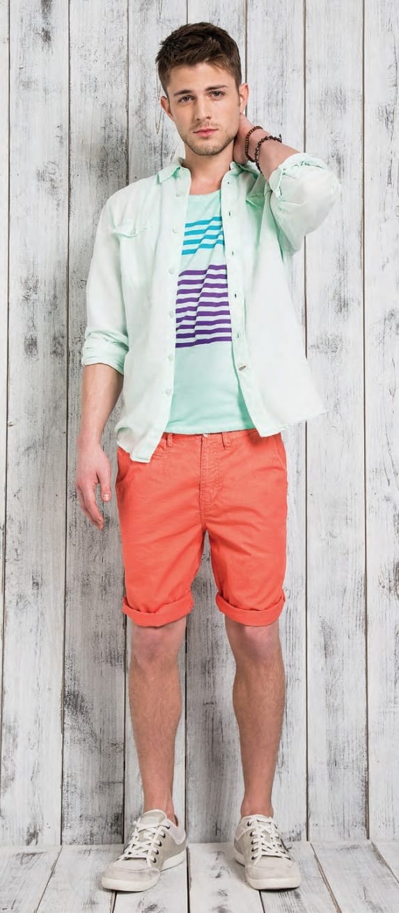 Mint Green Shirt Jacket, T shirt and Orange Shorts Outfit