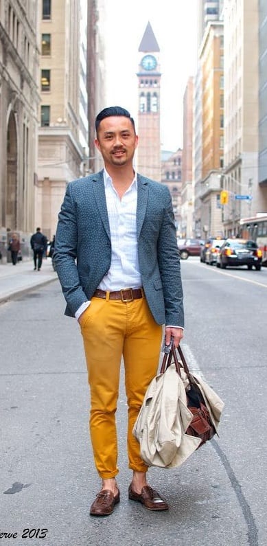 Mustard Chinos, White Shirt, Blue Blazer Outfit