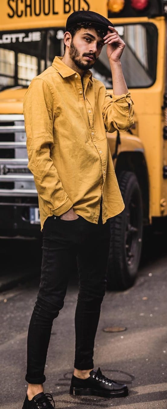 Mustard Colored Shirt and Black Pant Outfit for men