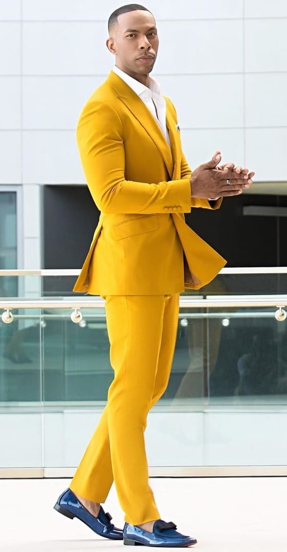 Mustard Colored Suit and Blue Shoes