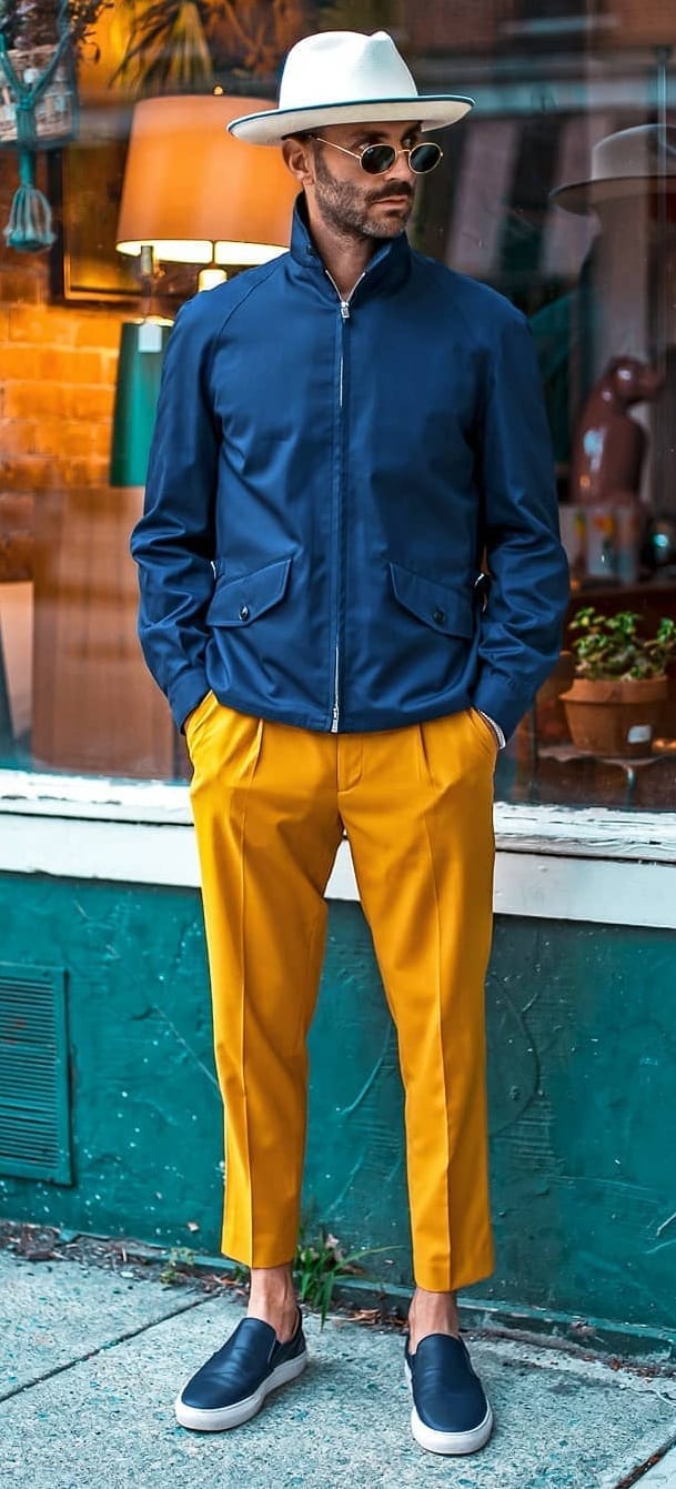 Mustard Trousers and Blue Zipper Outfit for men