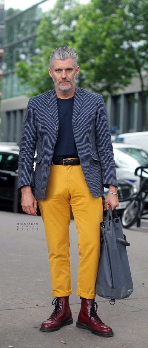 Mustard Trousers, Blue Blazer and Blue T-shirt Outfit