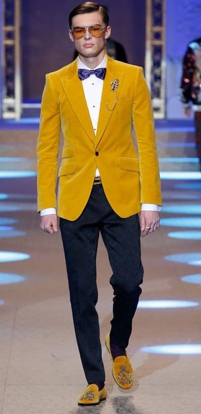 Mustard Yellow Blazer, Mustard Yellow Loafers, White Shirt, Black Velvet Pants, and Bow Tie