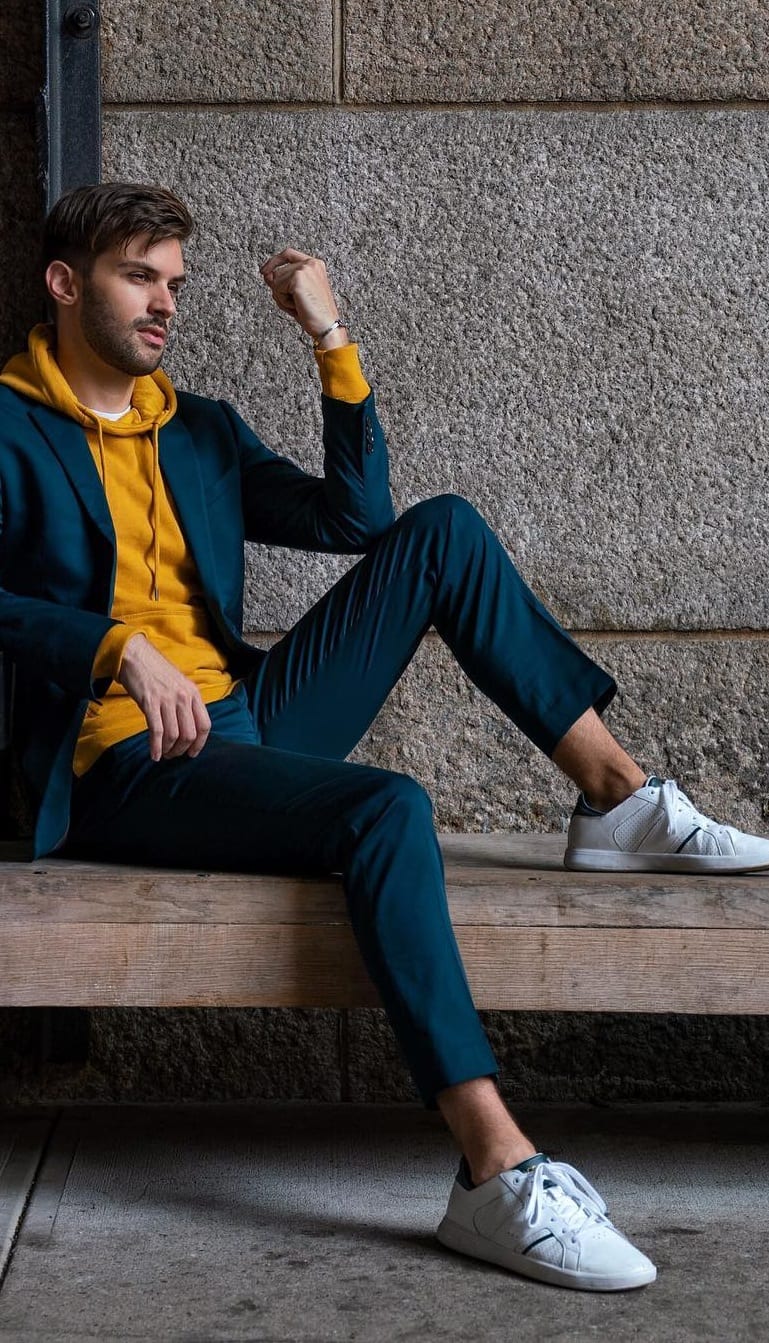 Mustard Yellow Hoodie, Blue Suit outfit for men