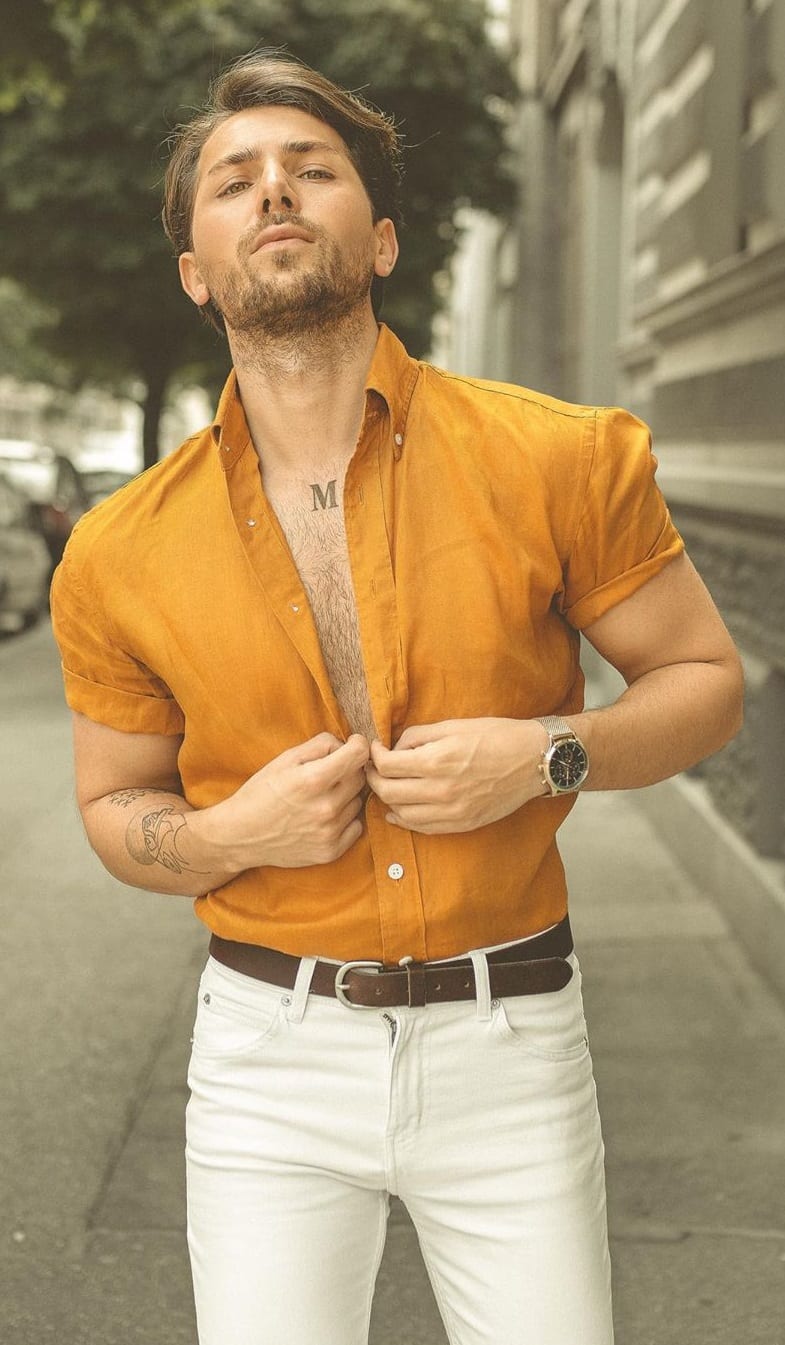Dapper Mustard Yellow Shirt and White Pants Outfit