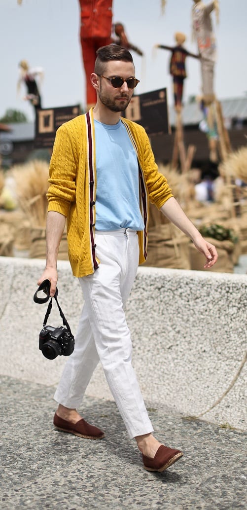 Mustard Yellow Sweater Jacket, Pastel Blue T Shirt and White Chinos