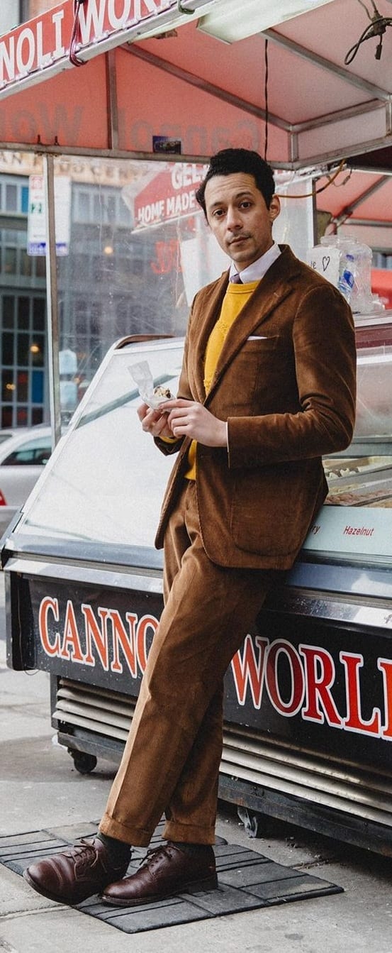 Mustard Yellow Sweatshirt, Brown Suit outfit for men