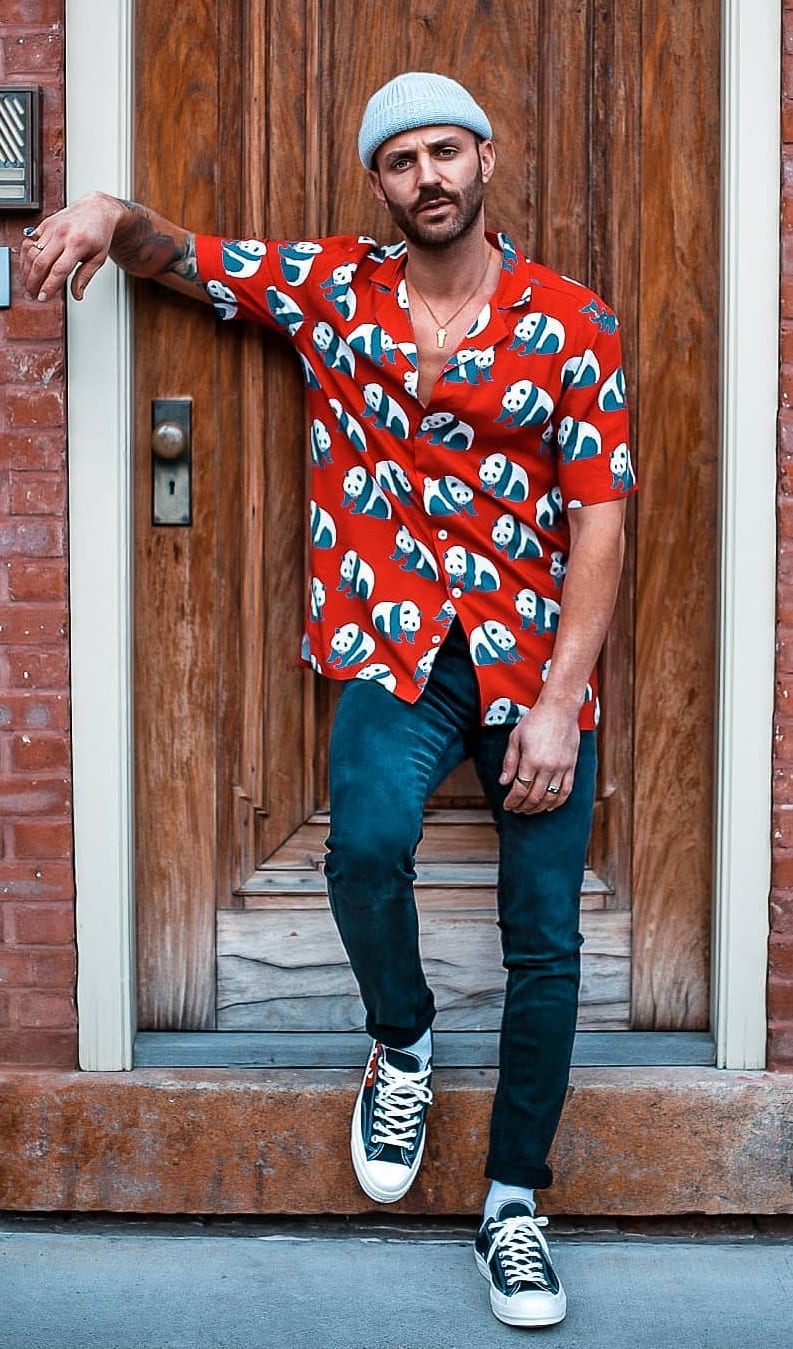 Panda Printed Red Shirt Outfit for Men's Street Style