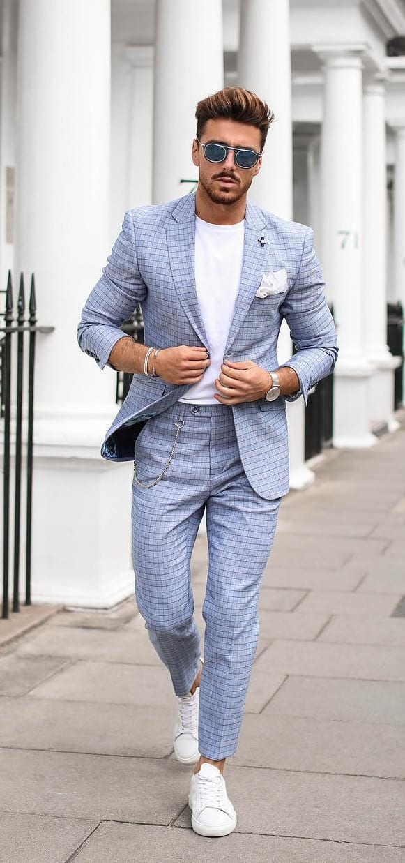 Pastel Blue Suit with White Undershirt Outfit for men