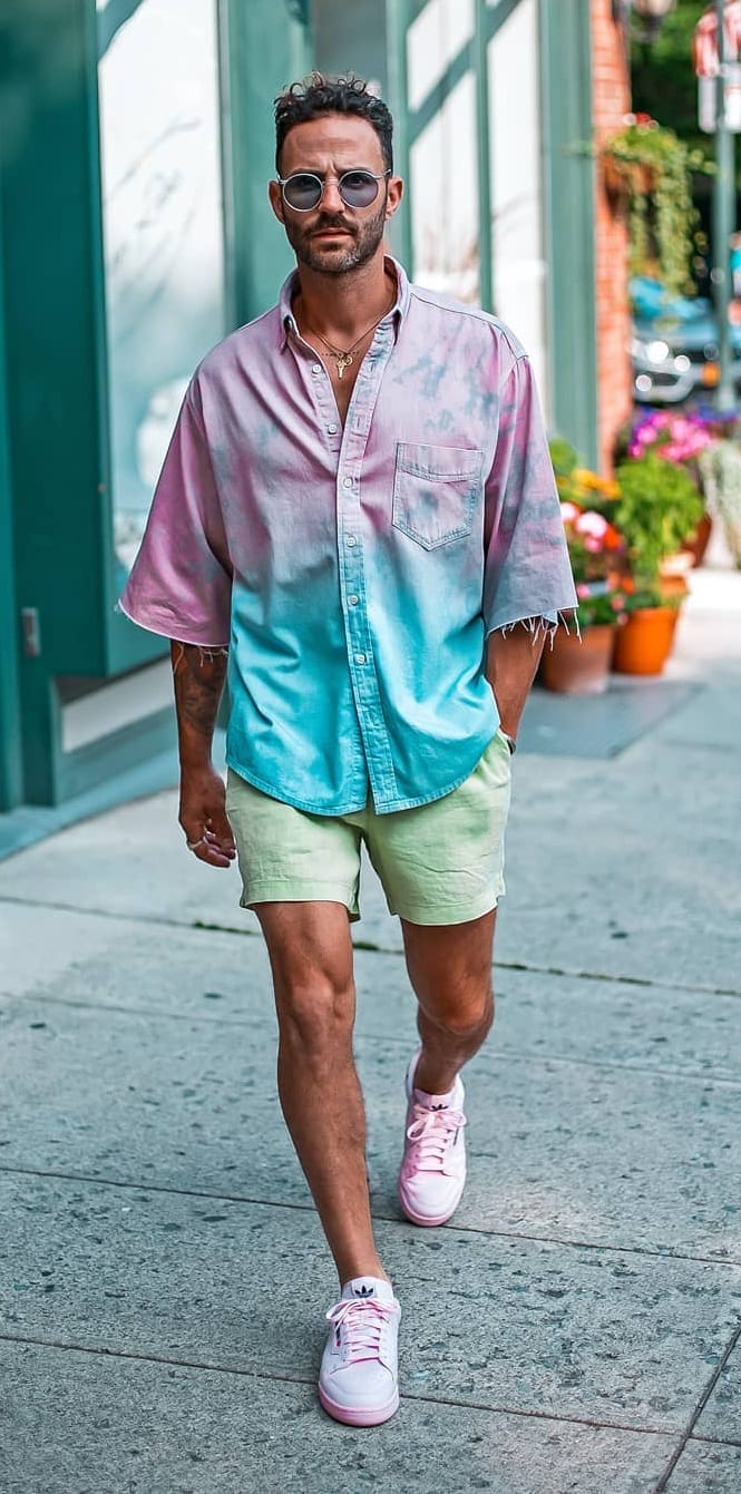 Pastel Pink and Blue Shirt, Pastel Green Shorts and Pink Shoes-OOTD for men