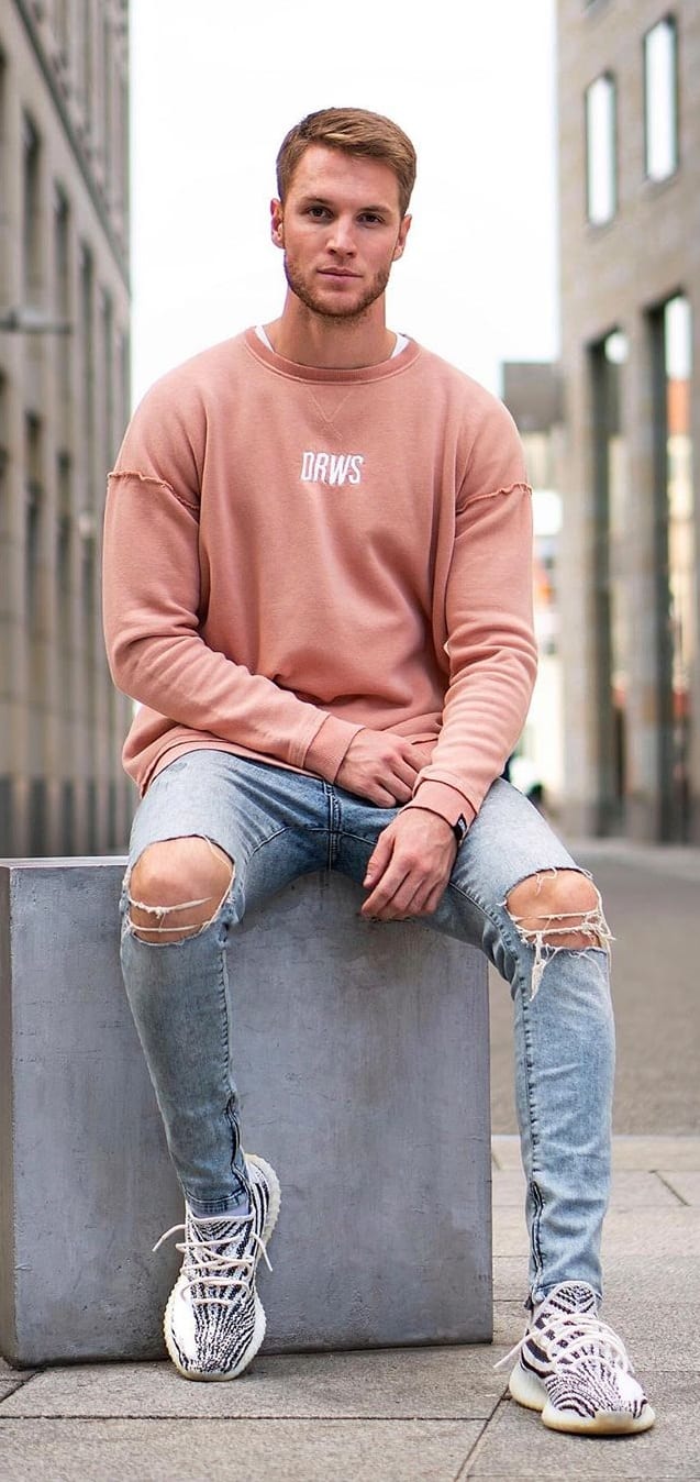 Peach Sweatshirt and Blue Ripped Jeans Outfit for men