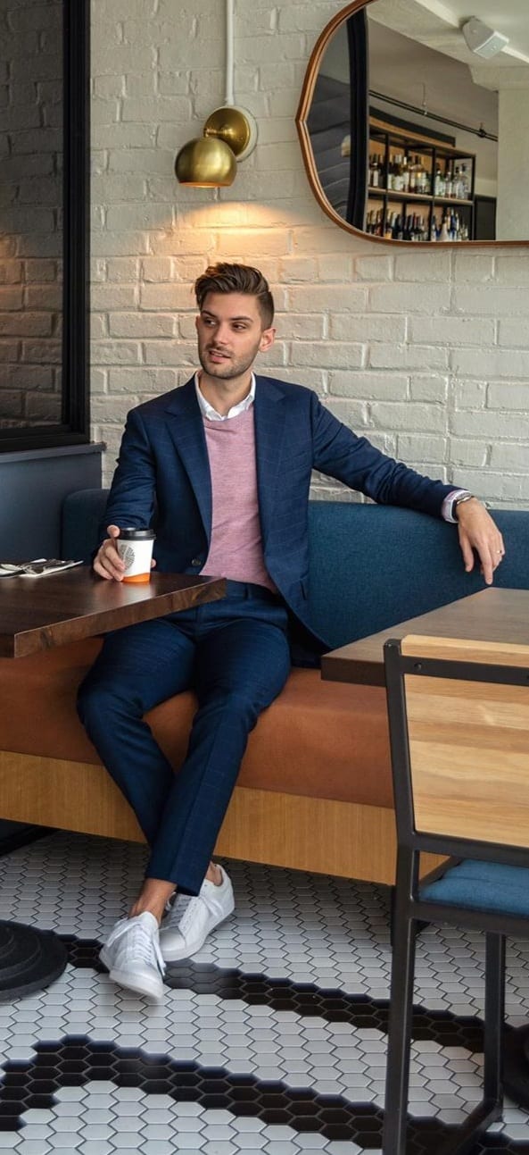 Pink Roundneck t shirt, Blue blazer and Trouser outfit for men