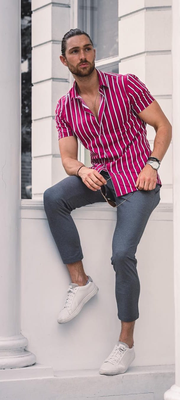Dark Pink and White Striped Shirt outfit