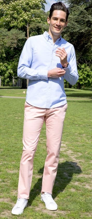 Pink chinos and Blue Shirt Outfit for men