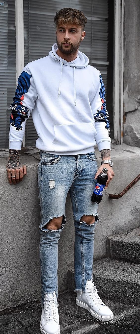 Printed White Hoodie Outfit-Street Style Fashion