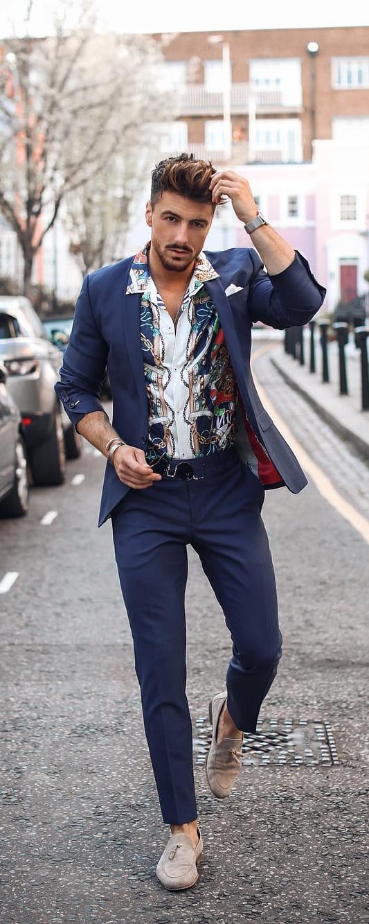 Printed White Shirt, Blue blazer and trouser outfit ideas for men