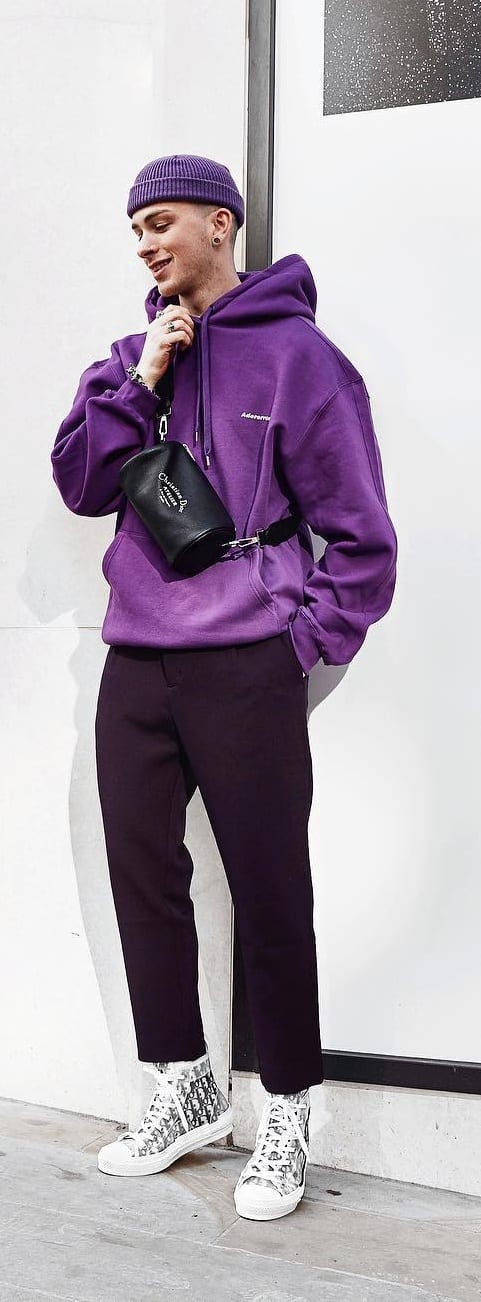 Purple Hoodie and Purple Beanie Outfit- Street Style Fashion