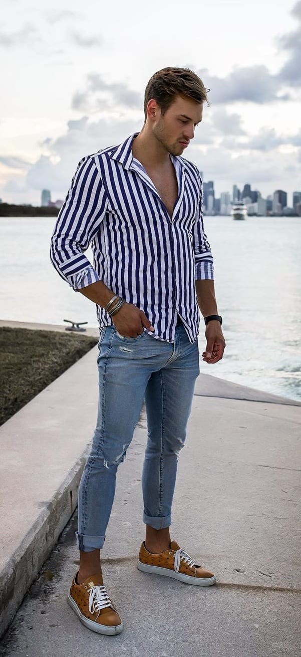 Purple and White Vertical Striped Shirt Outfit