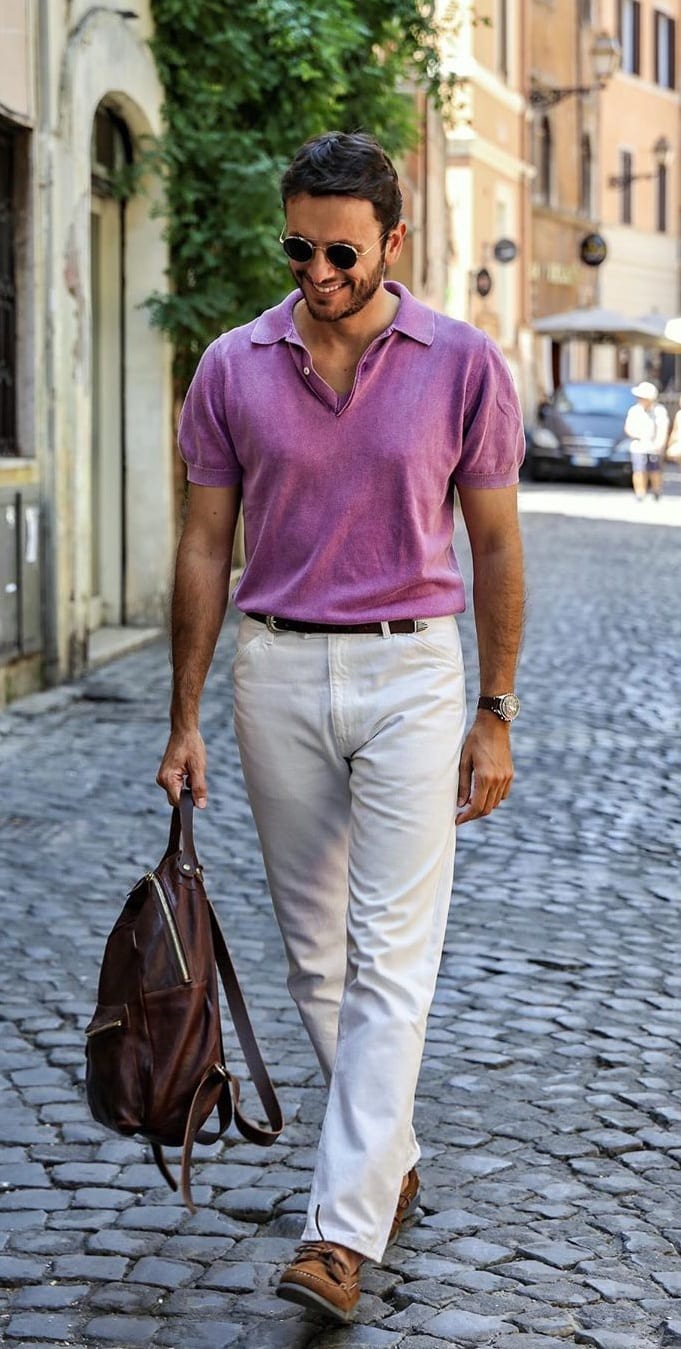 Purplish Pink Polo and White Pant- OOTD for men