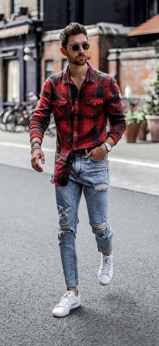 Red And Black Checkered Shirt Casual Outfit for men