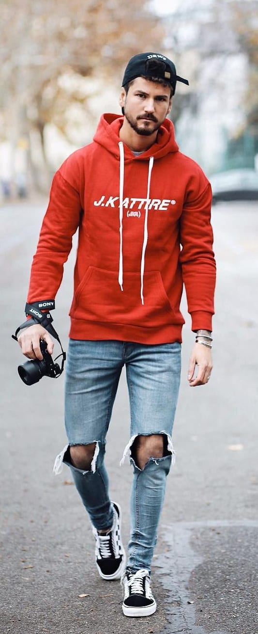 Red Hoodie Blue Jeans Outfit-Street Style Fashion