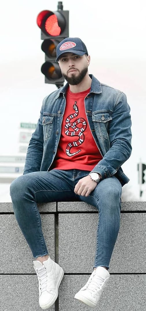 Red T-Shirt, Blue Denim Jacket and Denim Jeans- OOTD FOR MEN