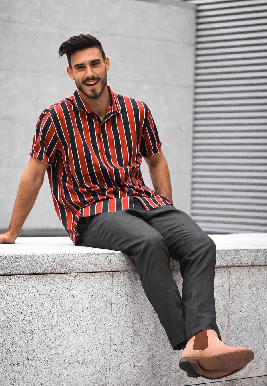 Red and Black Vertical Striped shirt Outfit