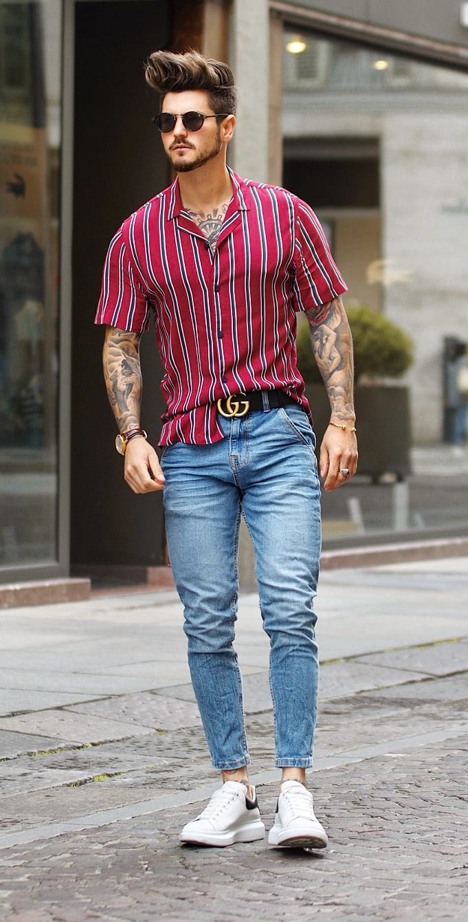 Red and Grey Vertical Striped Shirt Outfit