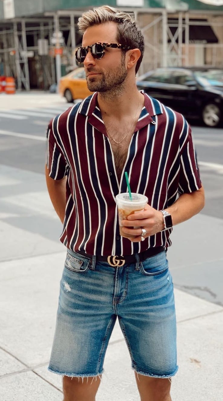 Red,Blue and White Vertical Striped Shirt Outfit