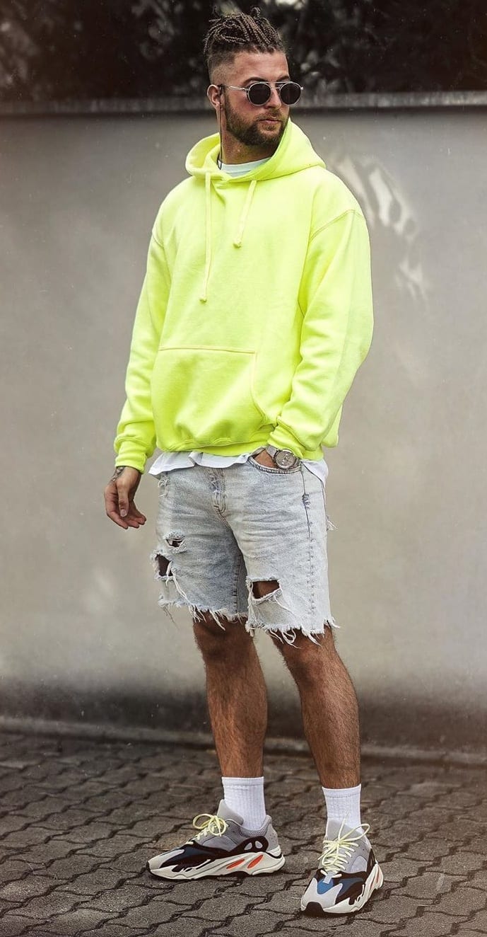 Ripped Denim Shorts, Green Hoodie and Shoes- ootd for men