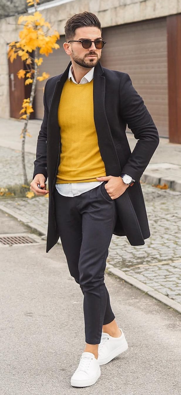 Round-neck Mustard Colored Sweater Outfit with and Overcoat for men