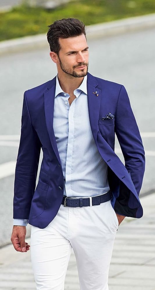 Royal Blue Blazer,Light blue shirt,White pant outfit for men