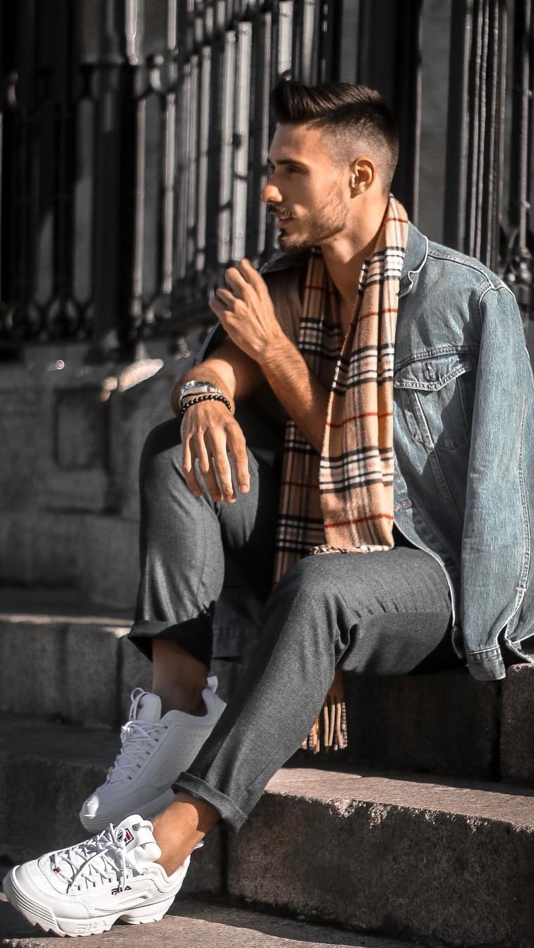 Scarf, White Sneakers,Casual Outfit for men's street style