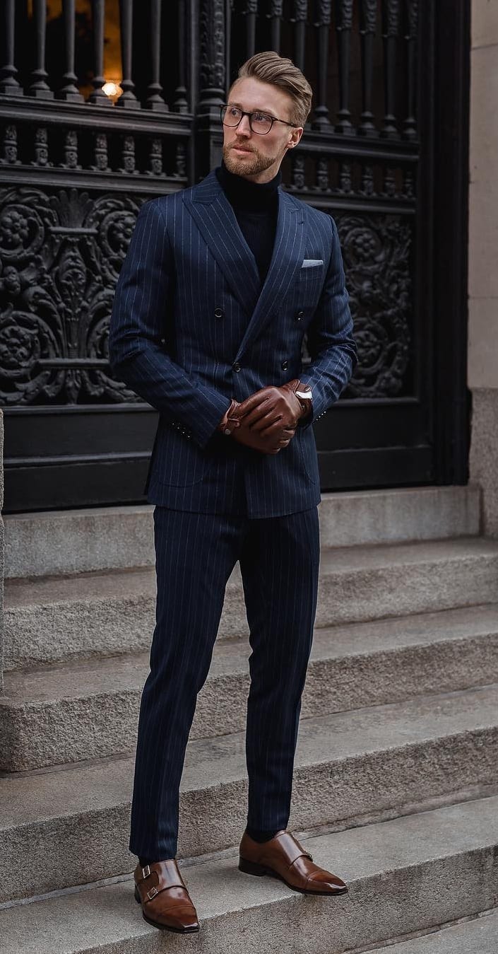 Striped Blue Suit with Black Turtleneck and Monk straps shoes