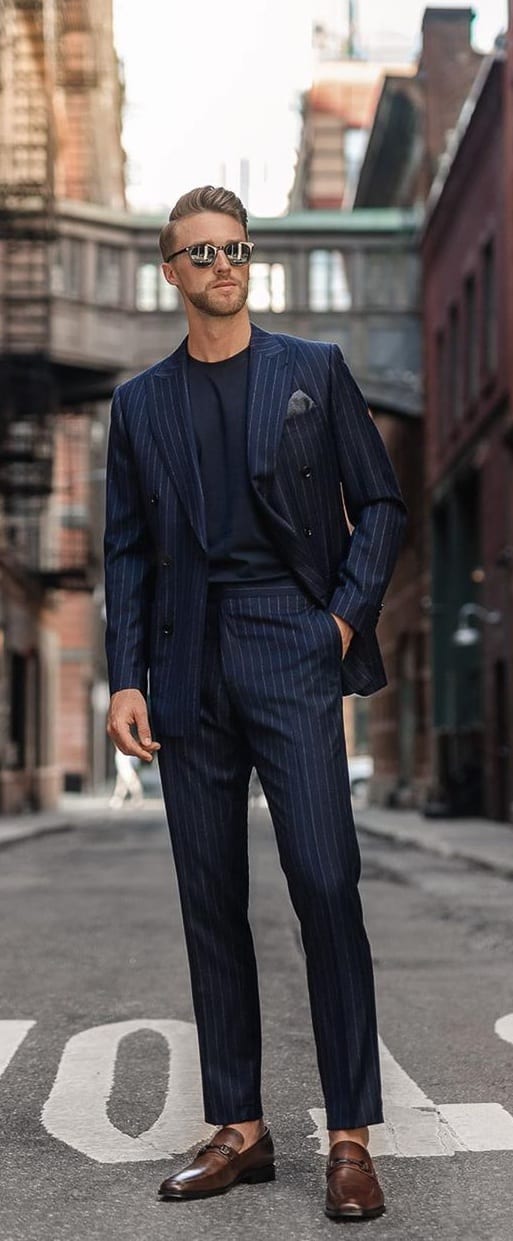 Striped Blue Suit with Black Undershirt Outfit