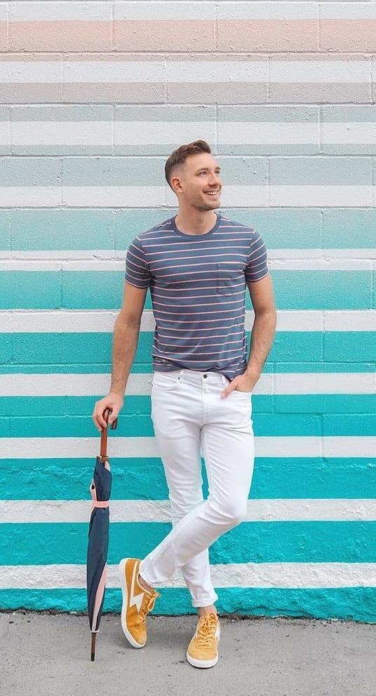 Blue Striped T shirt and White Pants- ootd for men